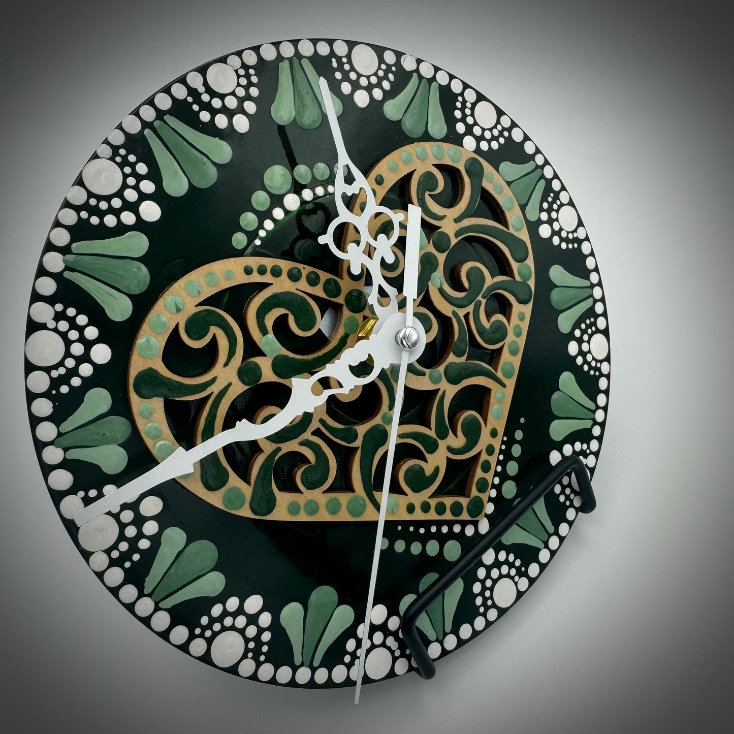 Art Clock on 45 Vinyl Record, Emerald Green with Heart Wood Inlay