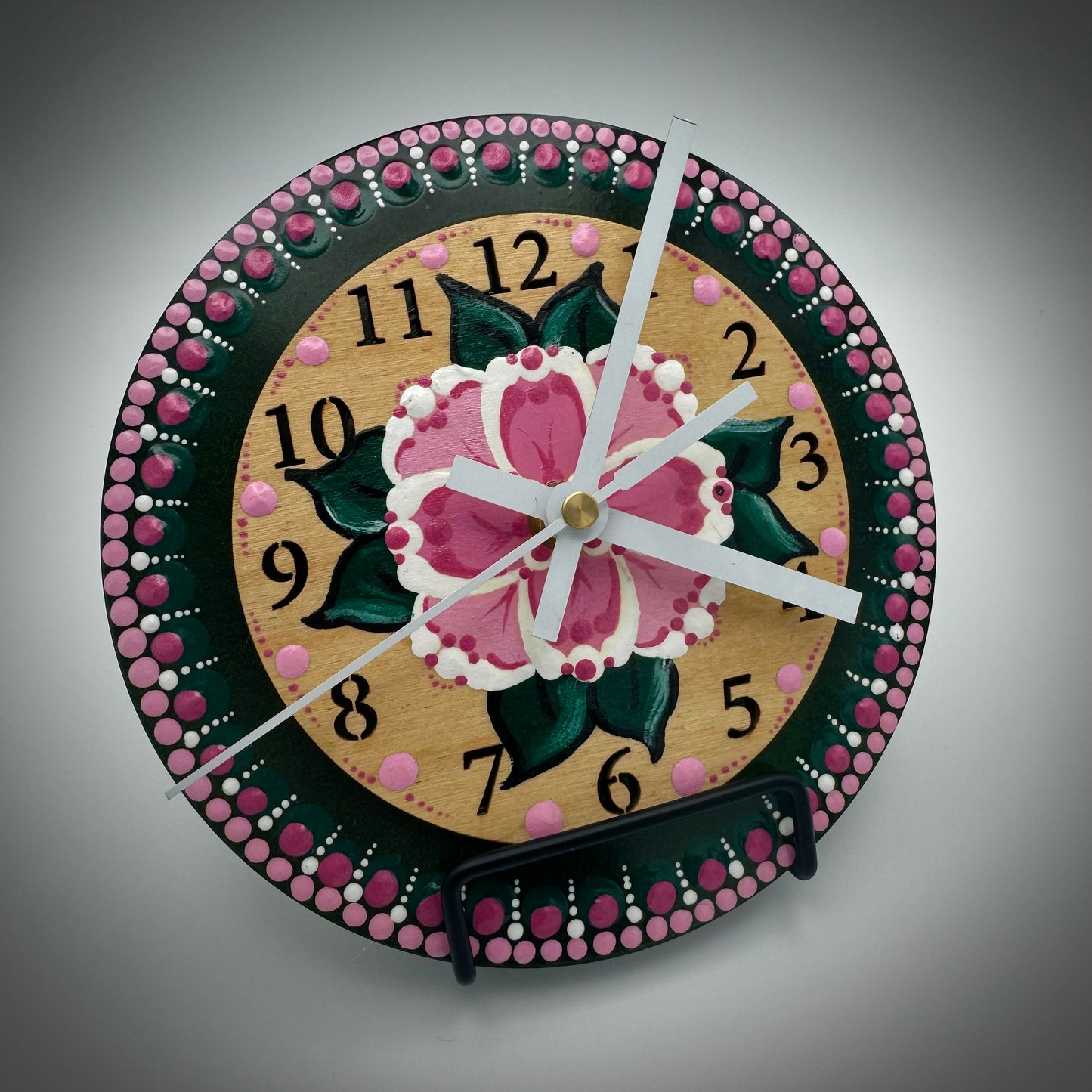 Art Clock on 45 Vinyl Record, Painted Pink Flower with Laser Cut Wood Inlay