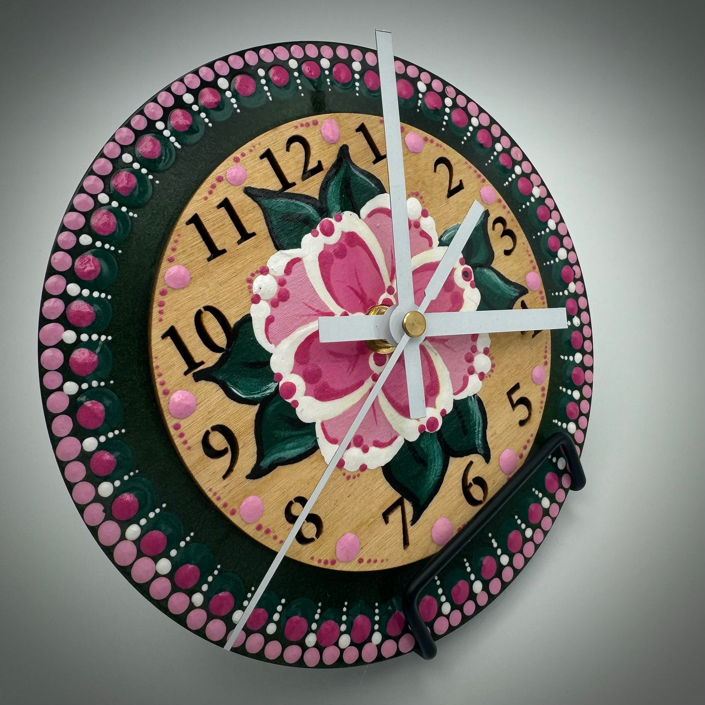 Art Clock on 45 Vinyl Record, Painted Pink Flower with Laser Cut Wood Inlay