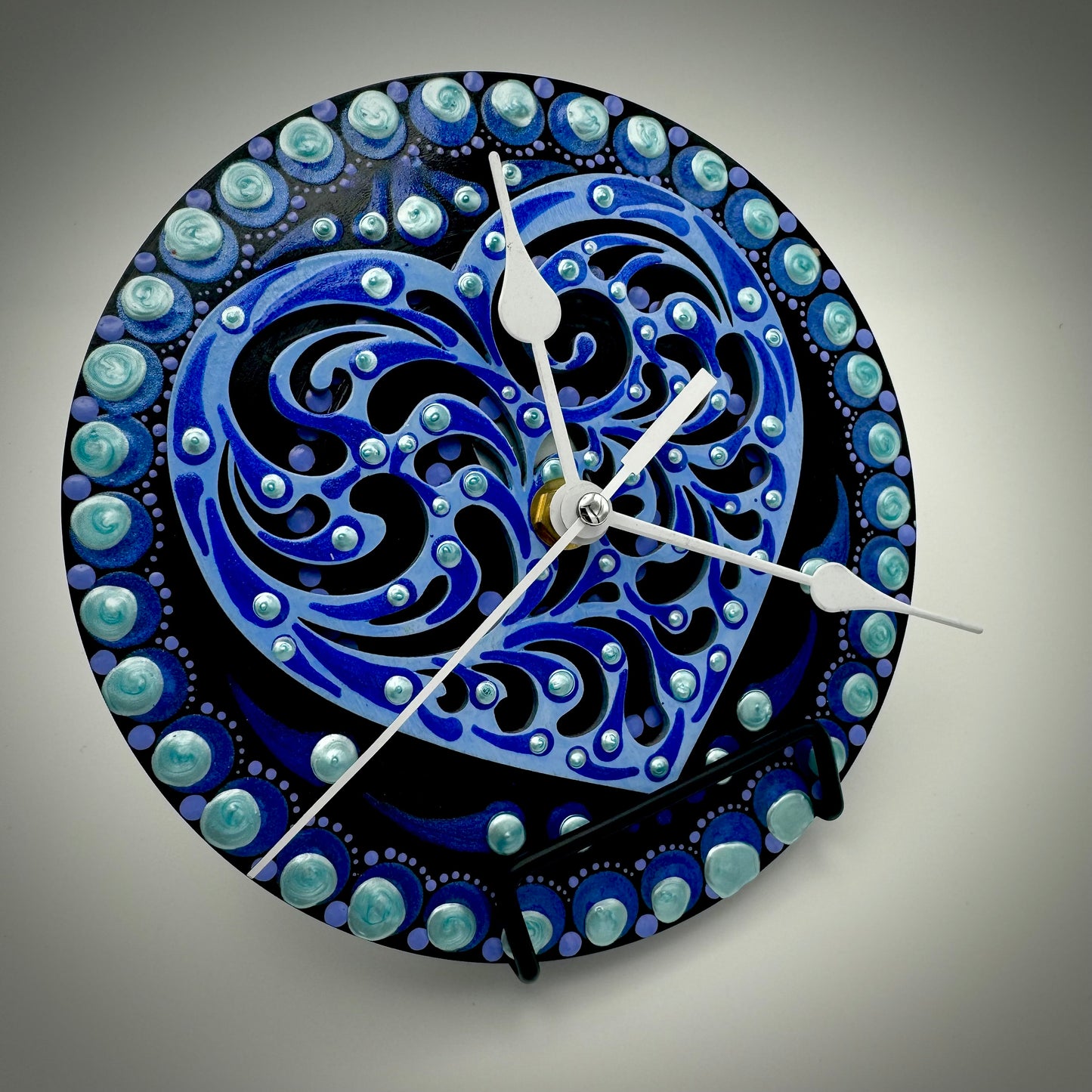 Art Clock on 45 Vinyl Record, Blue Swirl Heart Mandala, Wooden Inlay