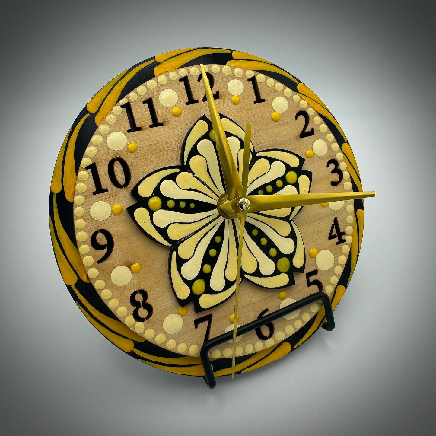 Art Clock on 45 Vinyl Record, Pale Yellow with Raised Wooden Flower Inlay