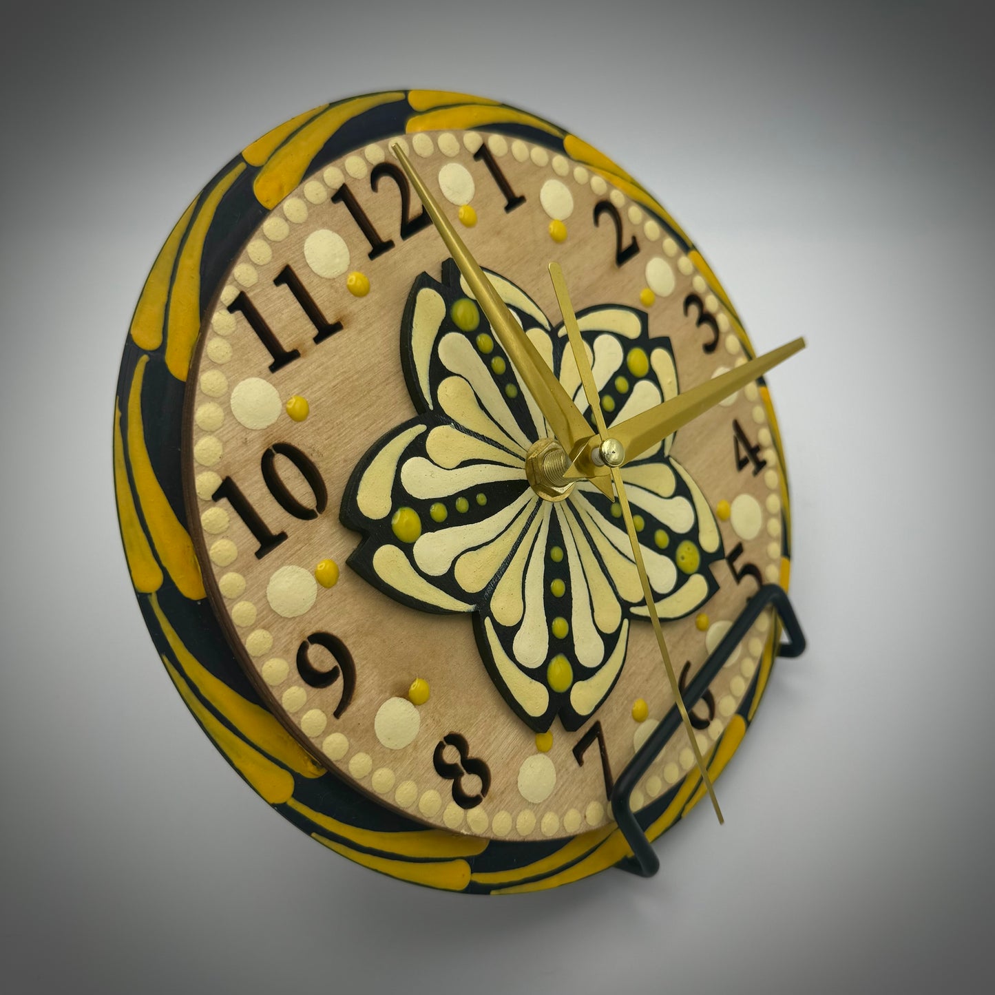 Art Clock on 45 Vinyl Record, Pale Yellow with Raised Wooden Flower Inlay