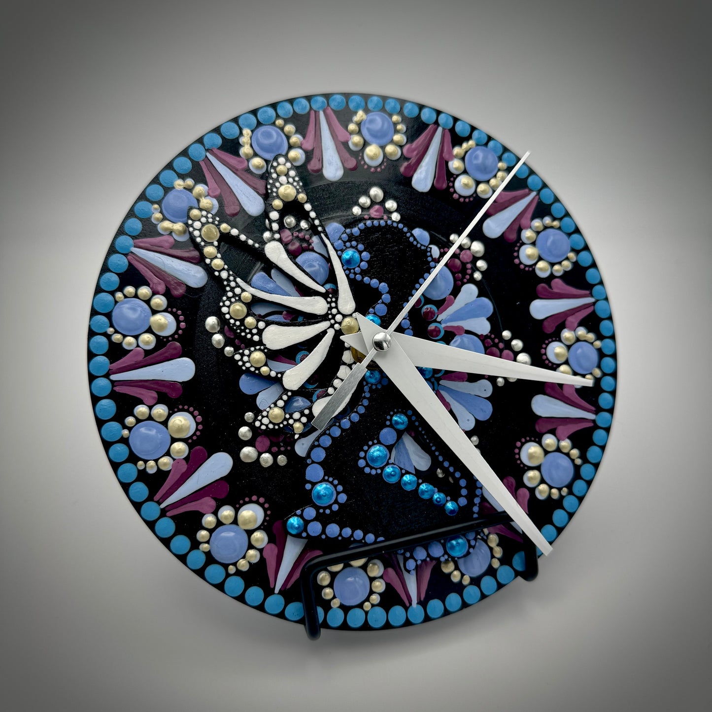 Art Clock on 45 Vinyl Record, Baby Blue and Pink Mandala, Raised Wooden Fairy Inlay