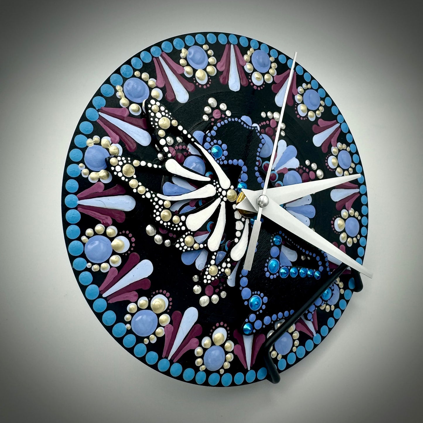 Art Clock on 45 Vinyl Record, Baby Blue and Pink Mandala, Raised Wooden Fairy Inlay