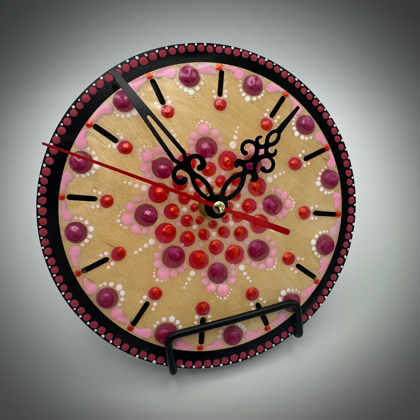 Art Clock on 45 Vinyl Record, Candy Red and Pink Mandala with Wood Inlay