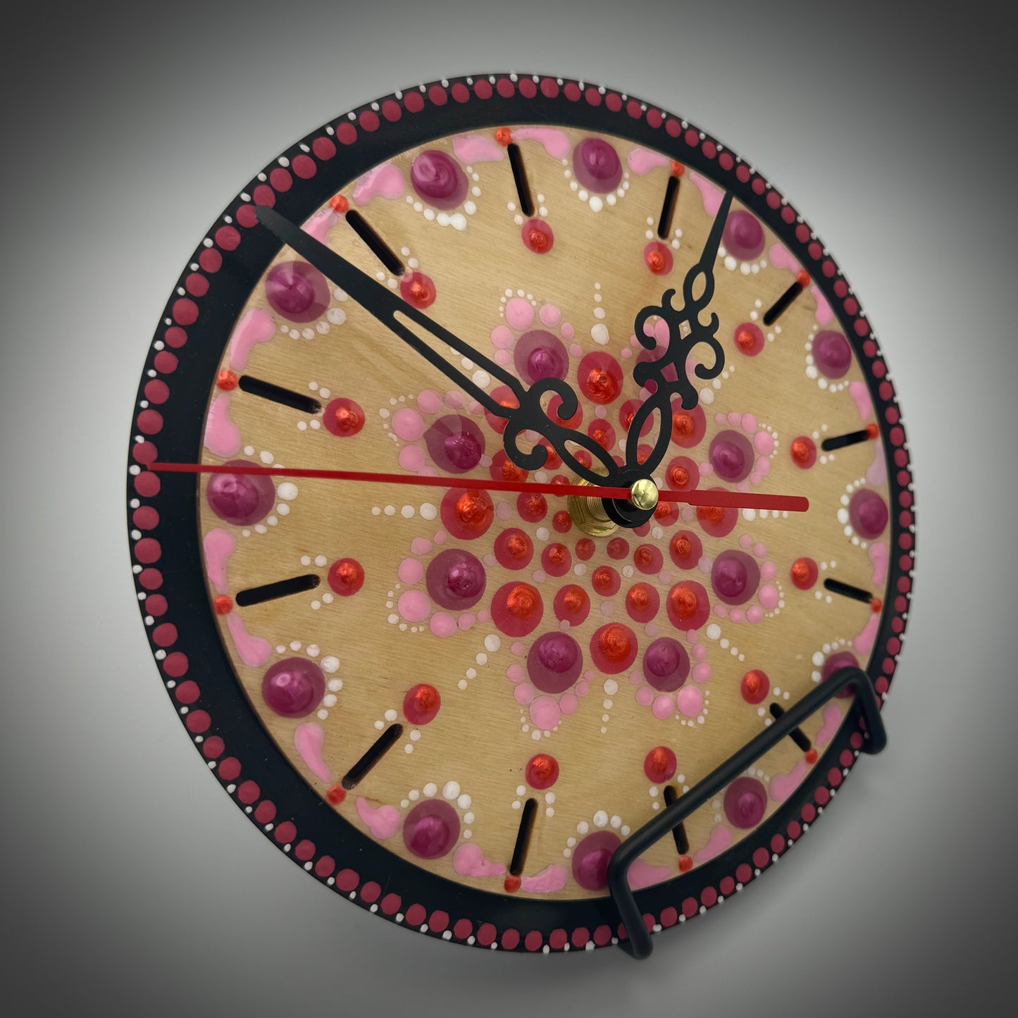 Art Clock on 45 Vinyl Record, Candy Red and Pink Mandala with Wood Inlay