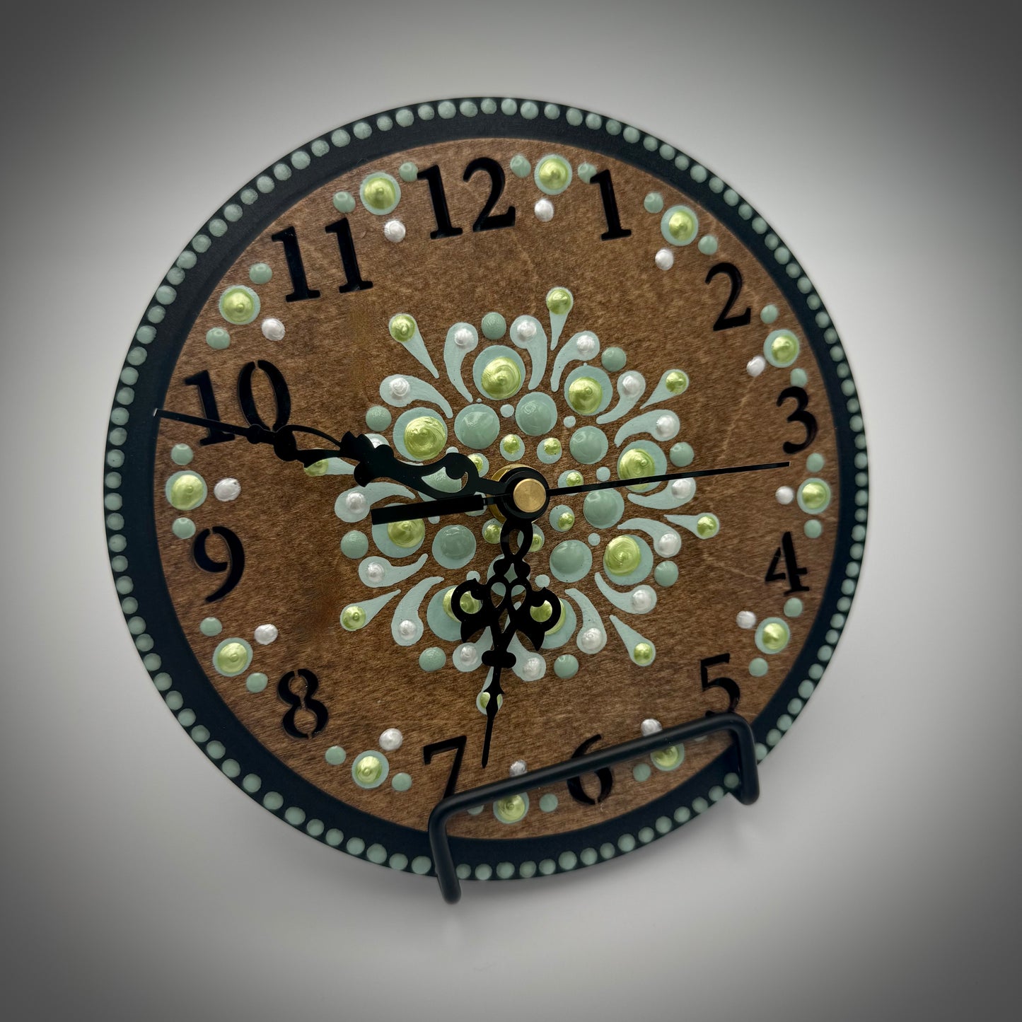 Art Clock on 45 Vinyl Record, Shimmer Green Mandala, Wooden Laser Inlay