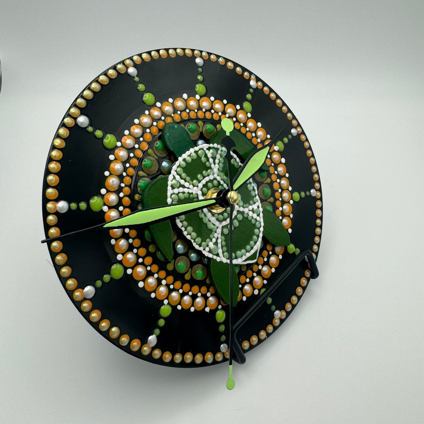 Art Clock on 45 Vinyl Record, Green and Gold Turtle Mandala with Wooden Inlay