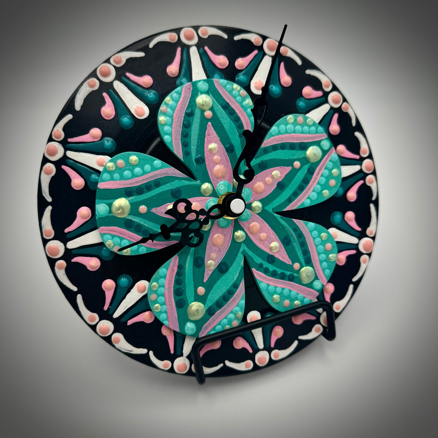 Art Clock on 45 Vinyl Record, Teal and Pink Mandala, Raised Wooden Flower Inlay