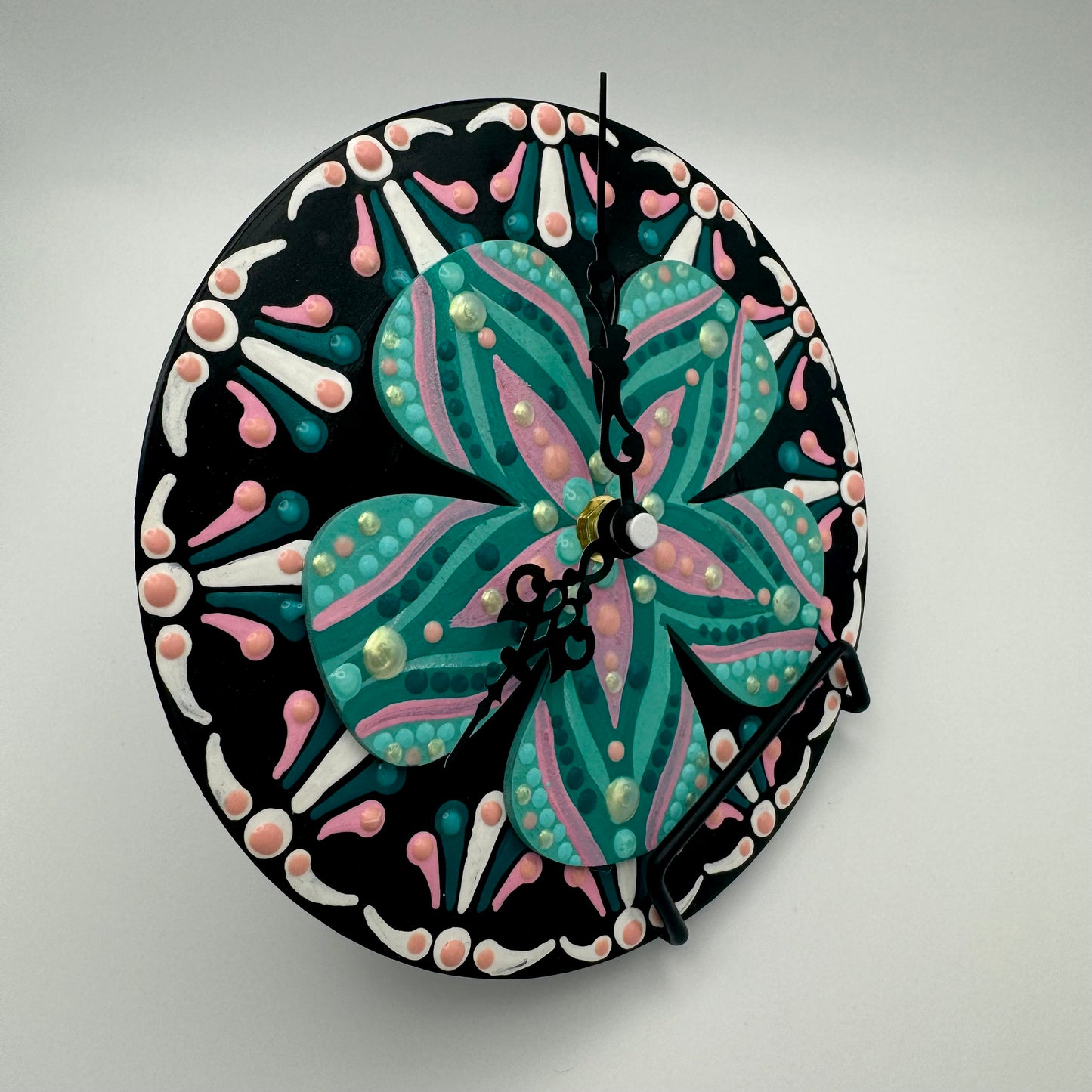 Art Clock on 45 Vinyl Record, Teal and Pink Mandala, Raised Wooden Flower Inlay