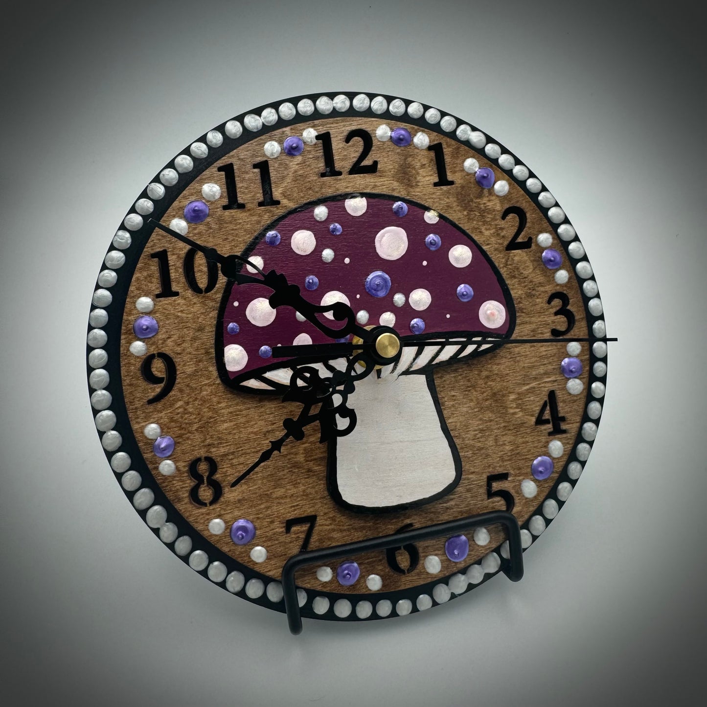 Art Clock on 45 Vinyl Record, Mushroom Design with Wooden Inlay