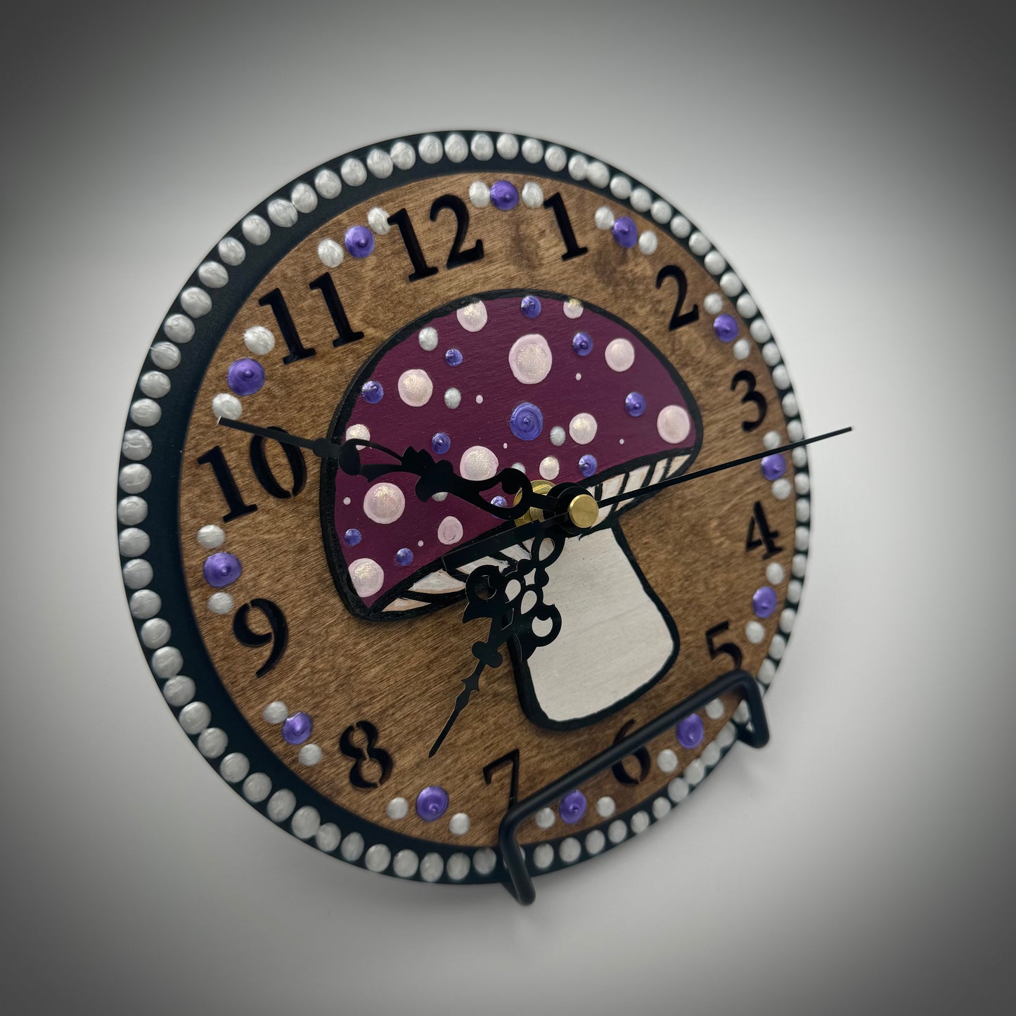 Art Clock on 45 Vinyl Record, Mushroom Design with Wooden Inlay