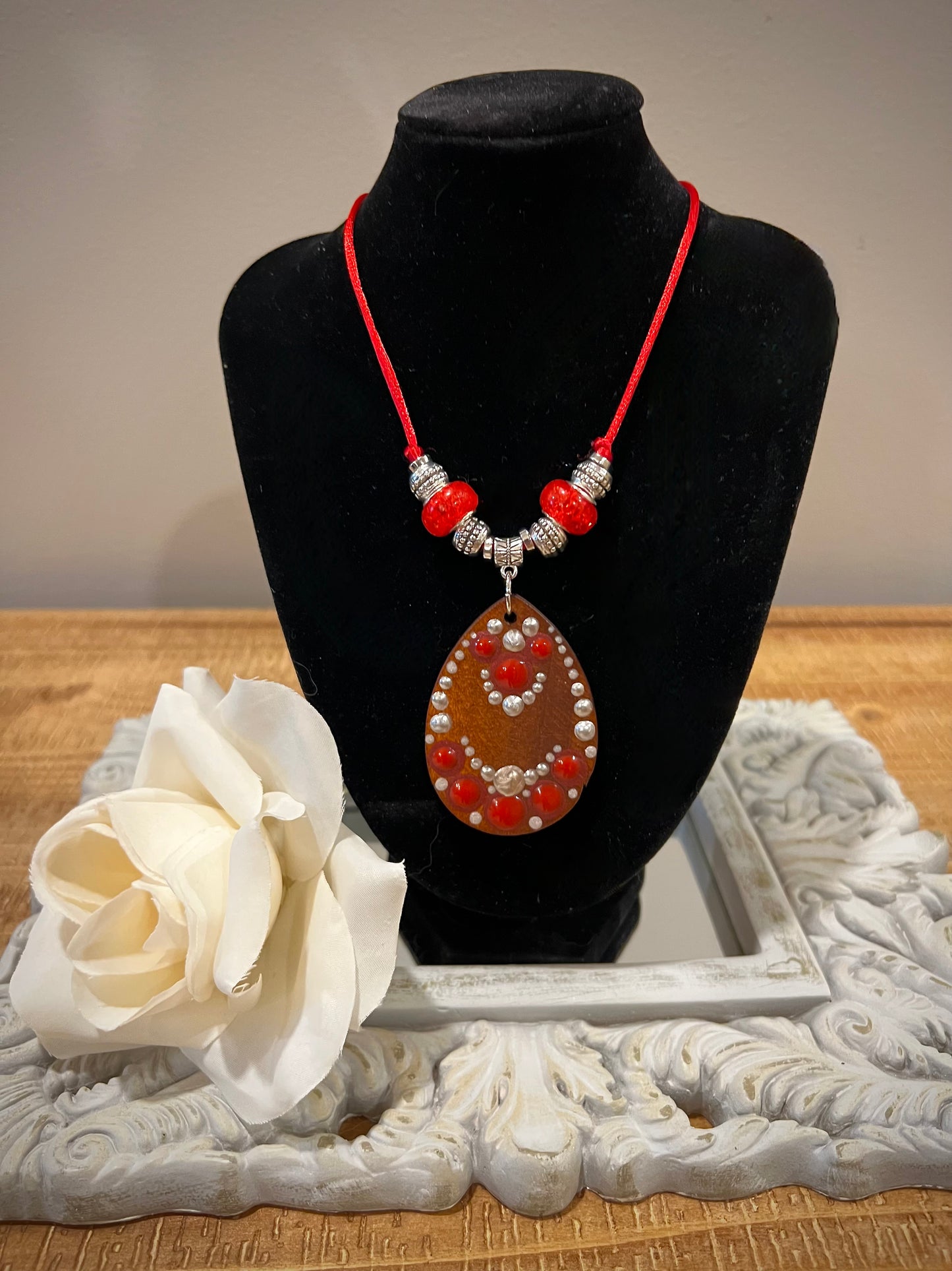 Custom Mandala Necklace: Bold Red with Silver Filigree Accents