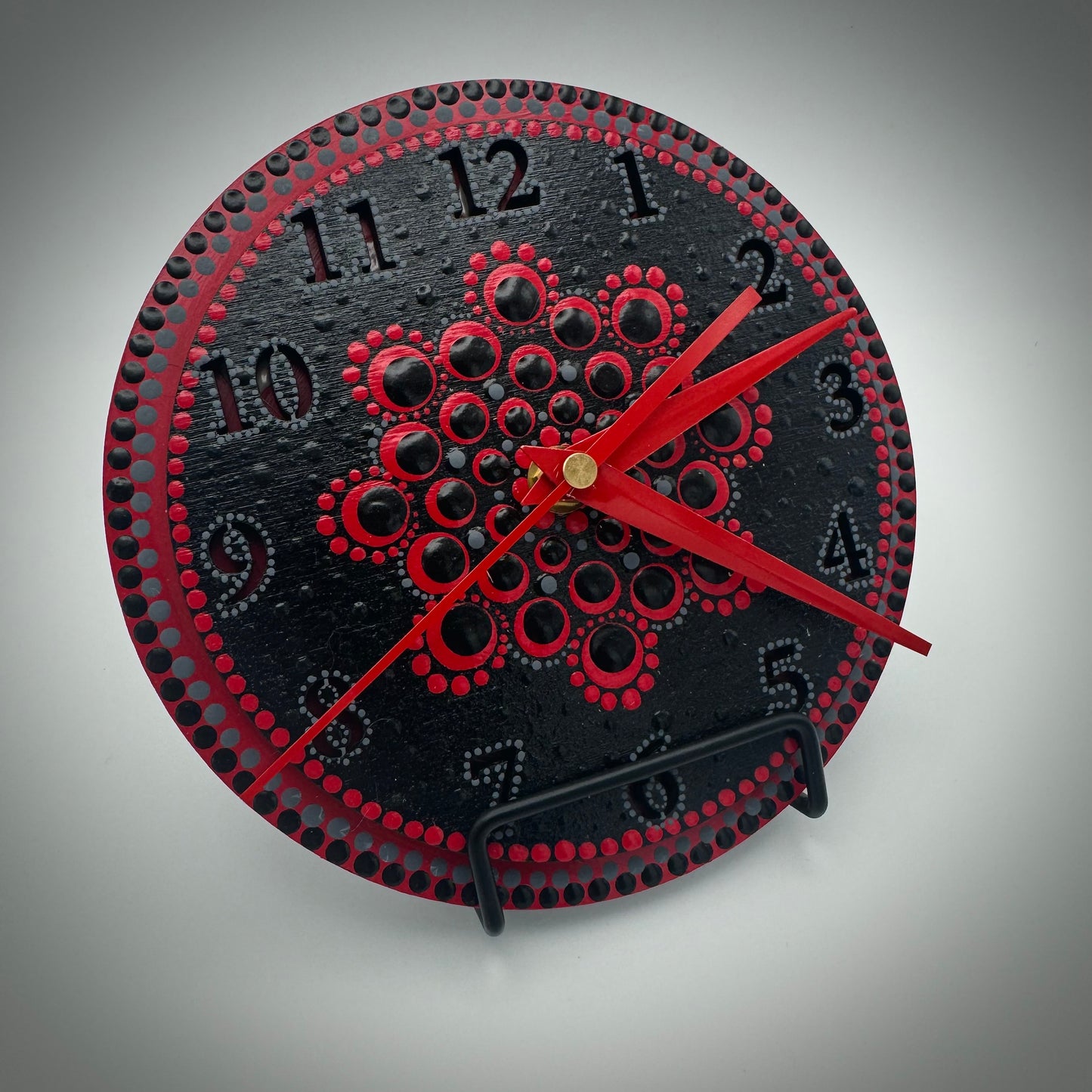 Art Clock on 45 Vinyl Record, Vibrant Black & Red Mandala