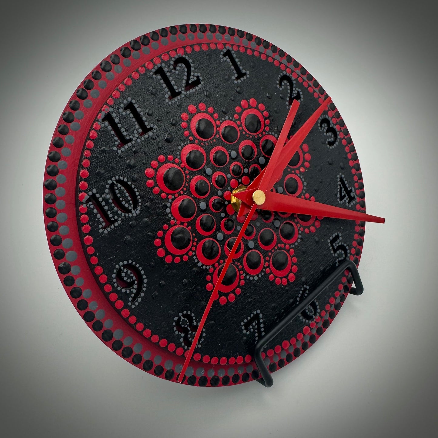 Art Clock on 45 Vinyl Record, Vibrant Black & Red Mandala