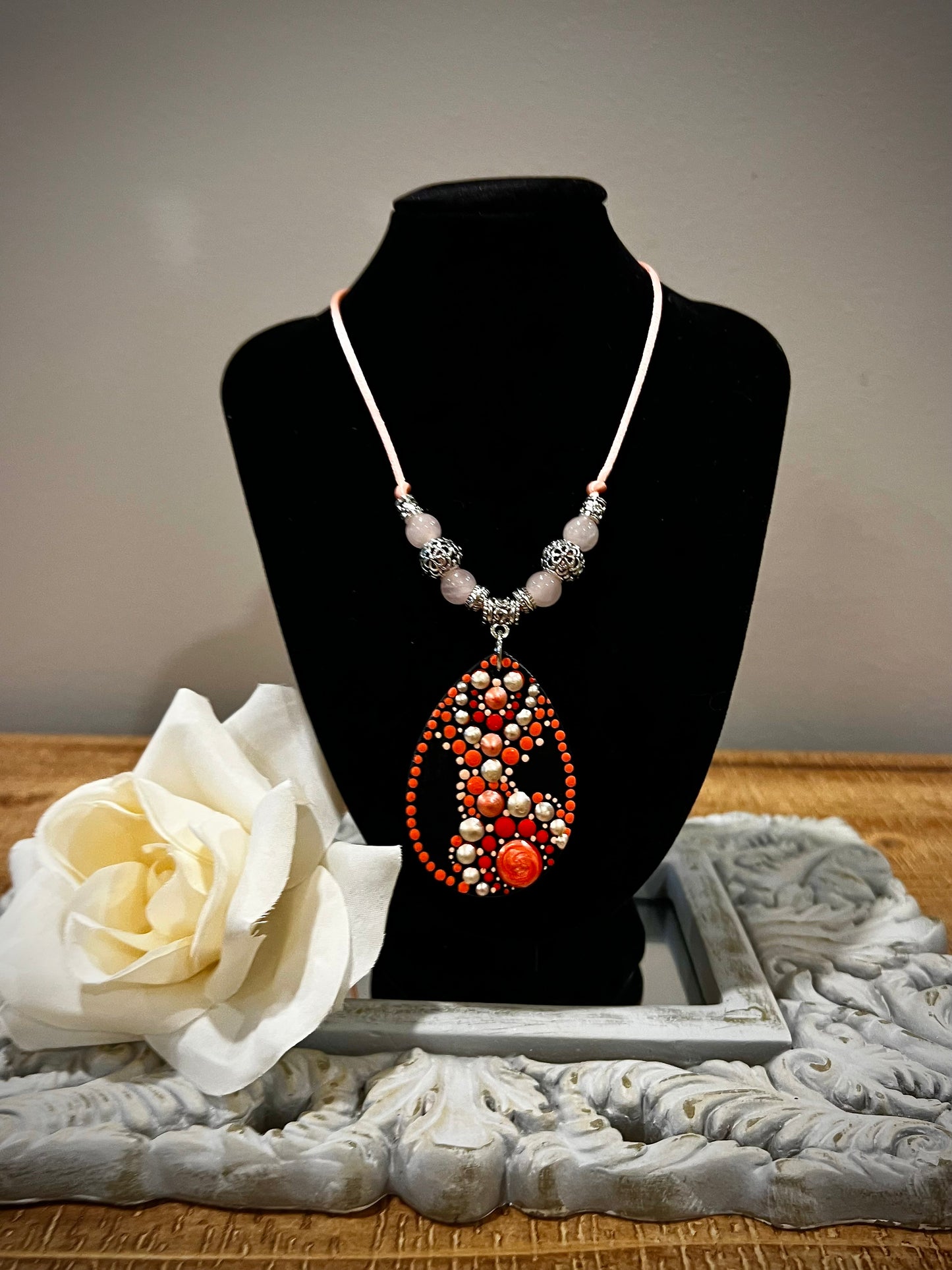 Custom Mandala Necklace: Peach & Black with Filigree Accents