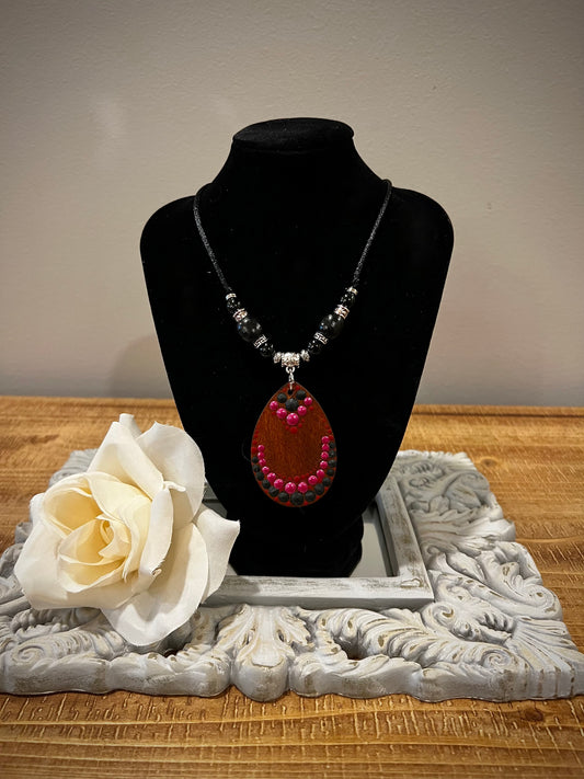 Custom Mandala Necklace: Burgundy with Black on Wood