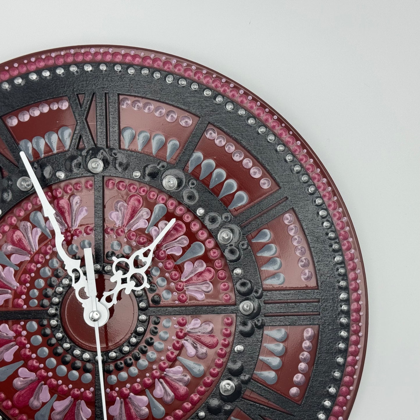 Album Record Vinyl Clocks; Maroon and Black Mandala with Wood Inlay