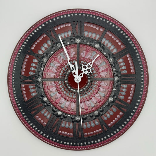 Album Record Vinyl Clocks; Maroon and Black Mandala with Wood Inlay