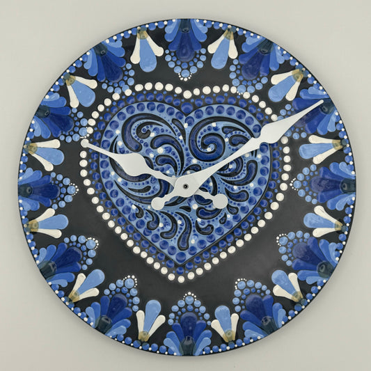 Rare 78 Album Record Clocks; Blue Heart Mandala with Raised Wood Inlay