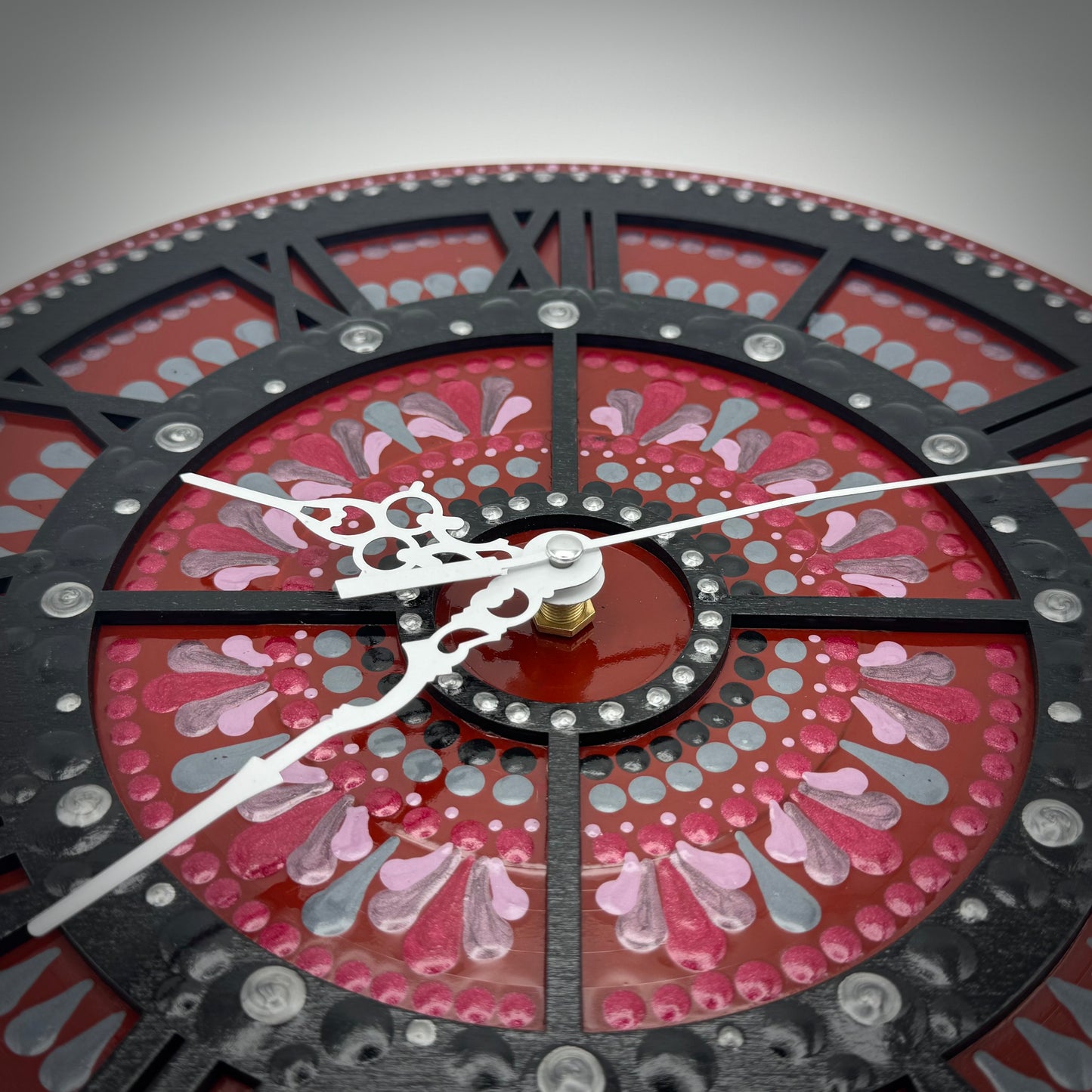 Album Record Vinyl Clocks; Maroon and Black Mandala with Wood Inlay