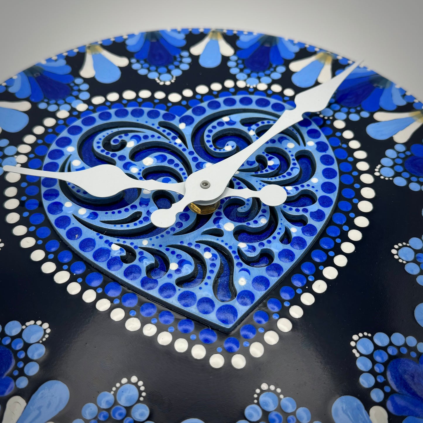 Rare 78 Album Record Clocks; Blue Heart Mandala with Raised Wood Inlay