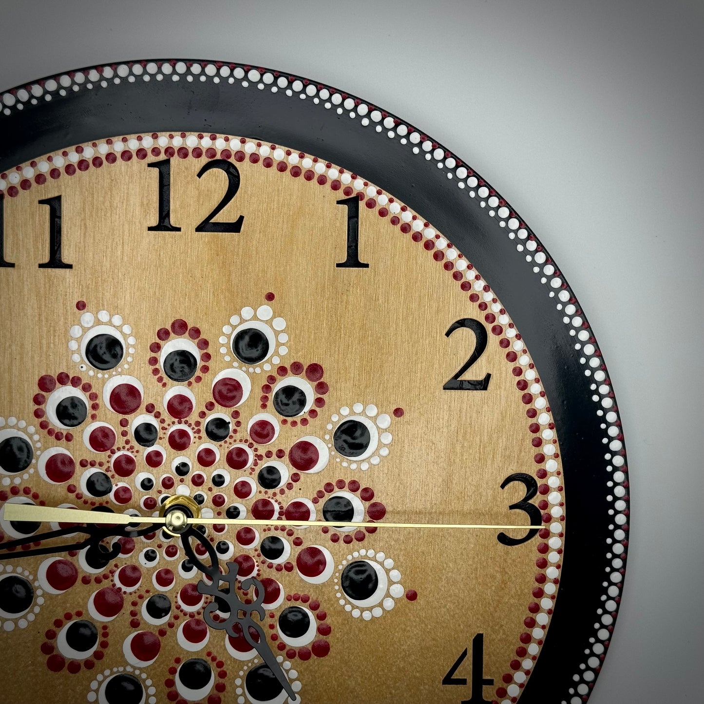 Album Record Vinyl Clocks; Red and Black Mandala with Wooden Inlay Numbers