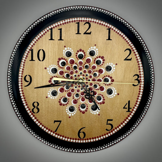 Album Record Vinyl Clocks; Red and Black Mandala with Wooden Inlay Numbers