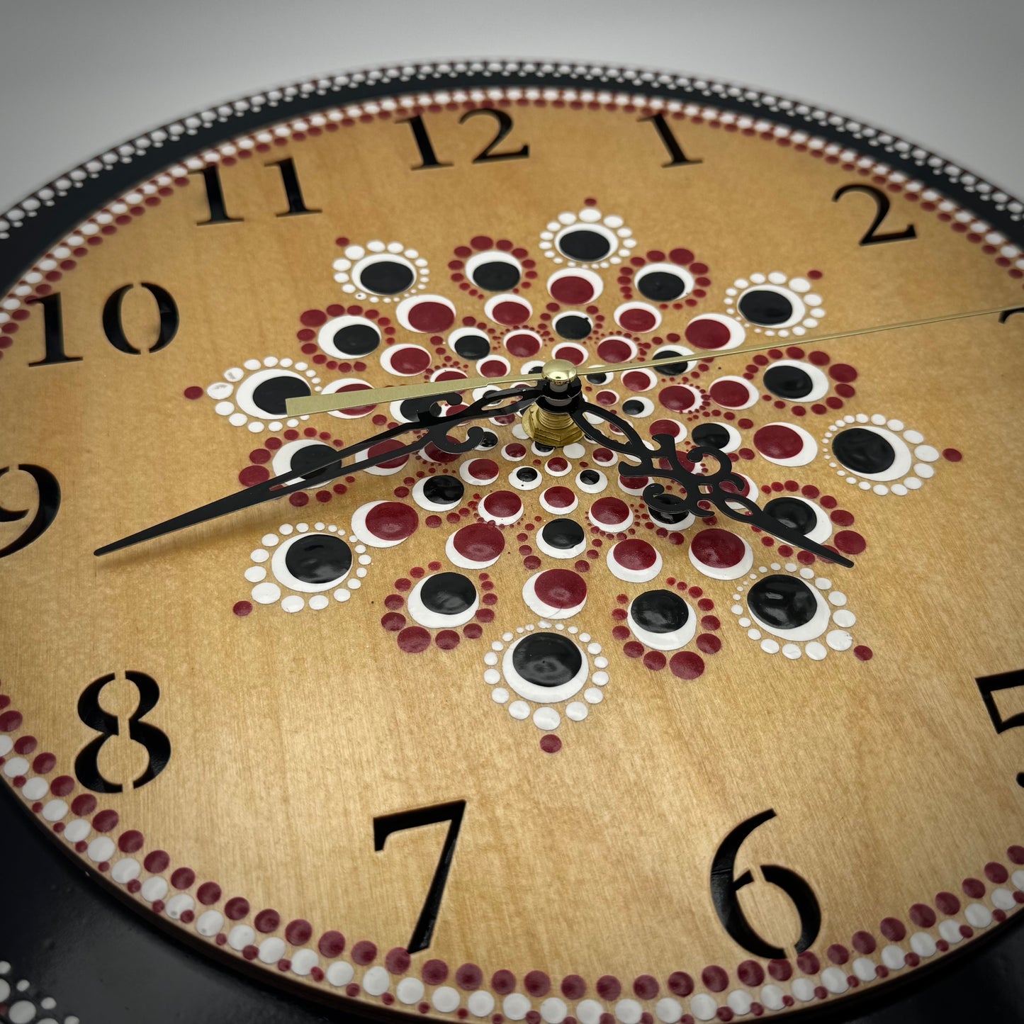 Album Record Vinyl Clocks; Red and Black Mandala with Wooden Inlay Numbers