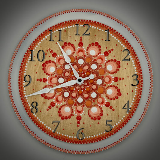 Album Record Vinyl Clocks; Orange and White Mandala with Wooden Inlay Numbers