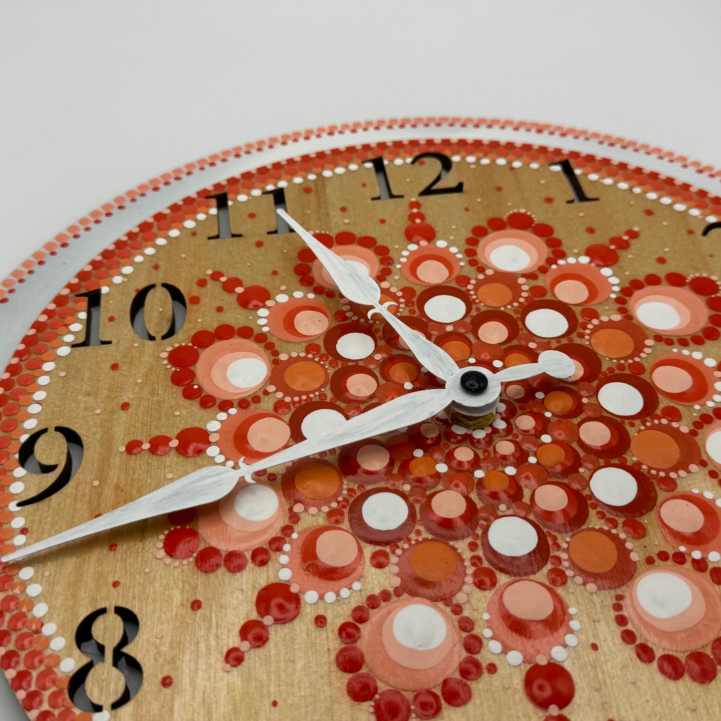 Album Record Vinyl Clocks; Orange and White Mandala with Wooden Inlay Numbers