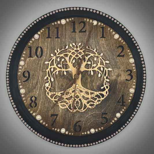 Album Record Vinyl Clocks; Tree of Life with Stained Wood Number Inlay