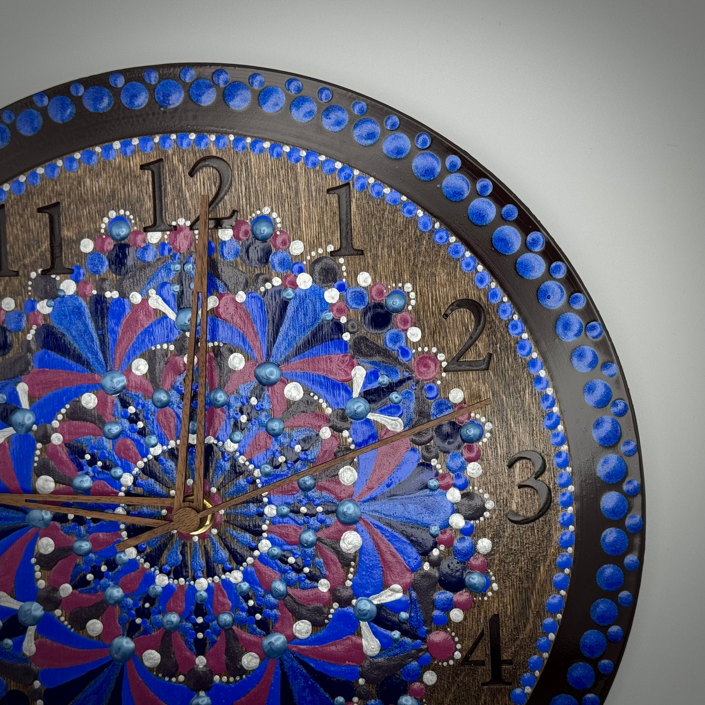 Album Record Vinyl Clocks; Blue and Red Mandala with Stained Wood Number Inlay