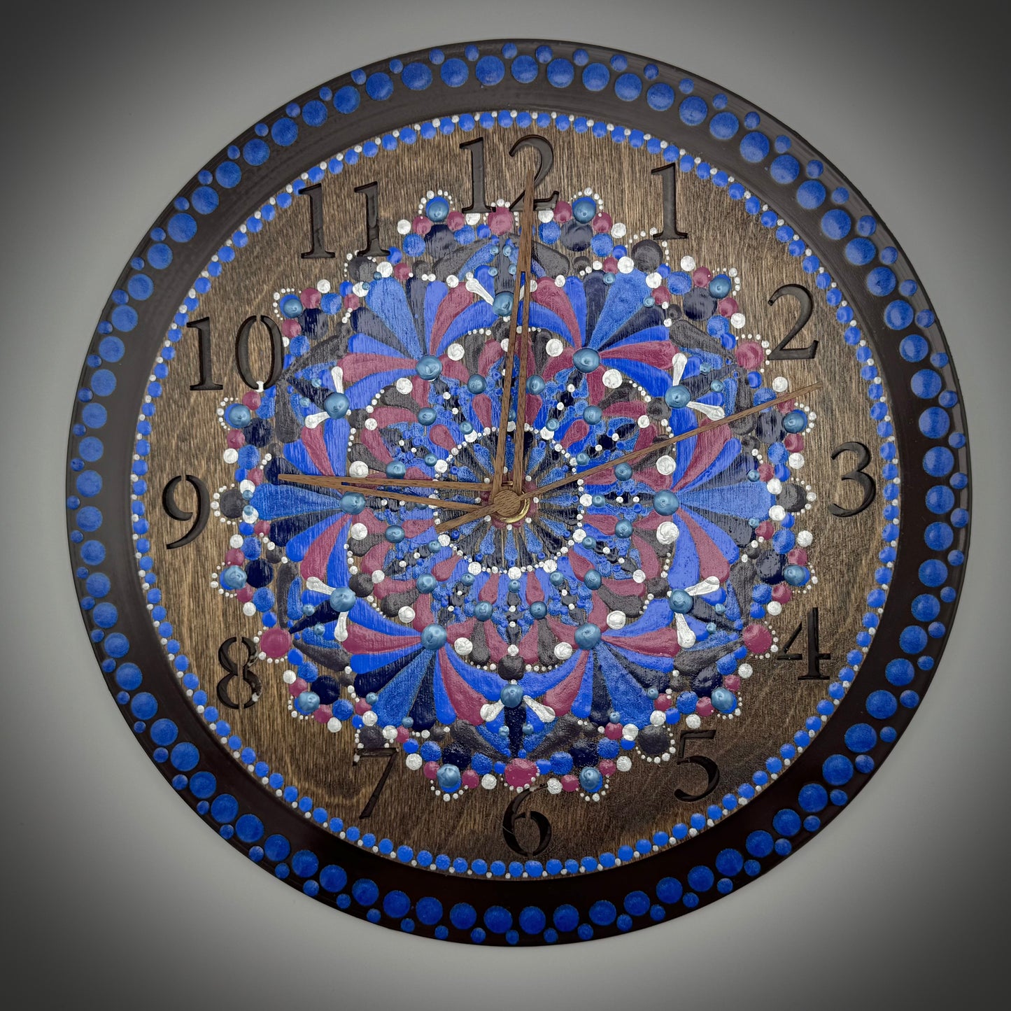 Album Record Vinyl Clocks; Blue and Red Mandala with Stained Wood Number Inlay