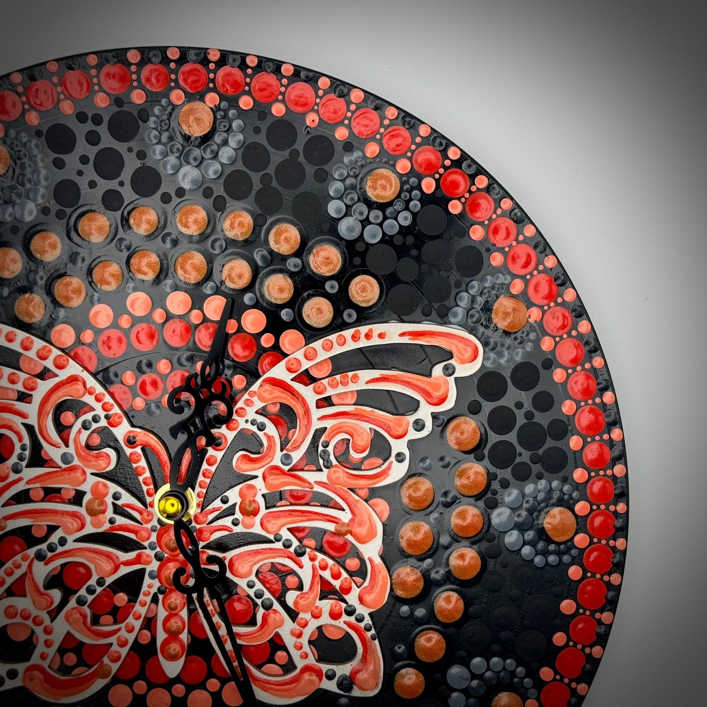 Album Record Vinyl Clocks; Orange Butterfly Mandala with Wood Inlay