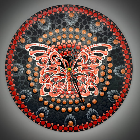 Album Record Vinyl Clocks; Orange Butterfly Mandala with Wood Inlay