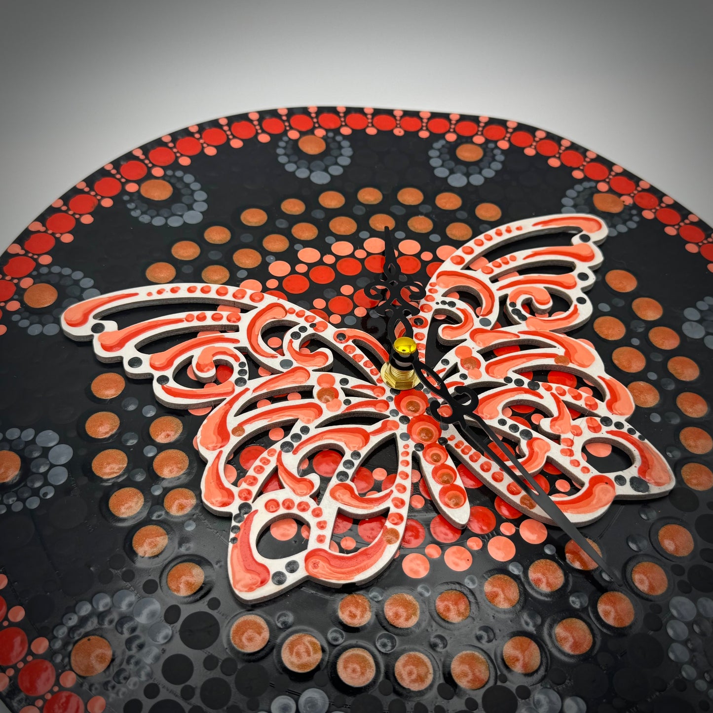 Album Record Vinyl Clocks; Orange Butterfly Mandala with Wood Inlay