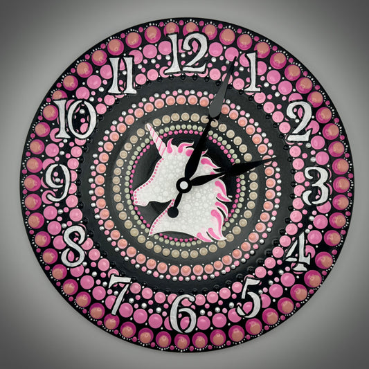 Album Record Vinyl Clocks; Pink Unicorn Mandala with Wood Inlay