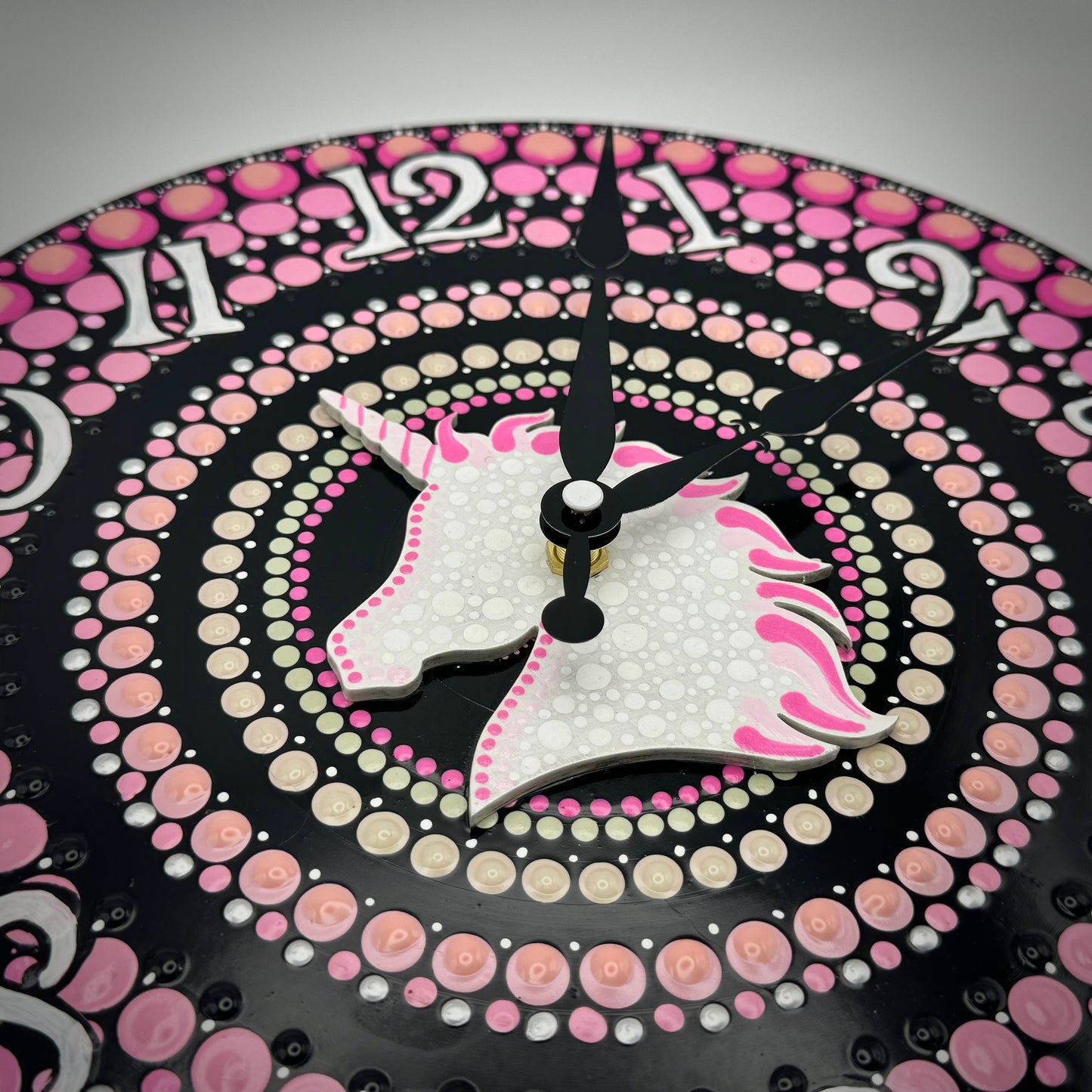 Album Record Vinyl Clocks; Pink Unicorn Mandala with Wood Inlay