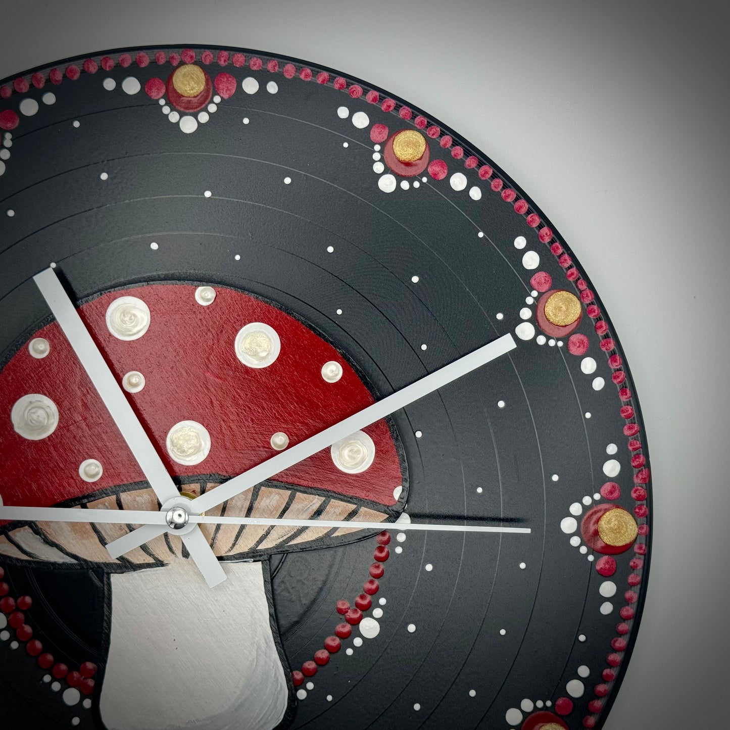 Album Record Vinyl Clocks; Magic Mushroom Red with Wood Inlay