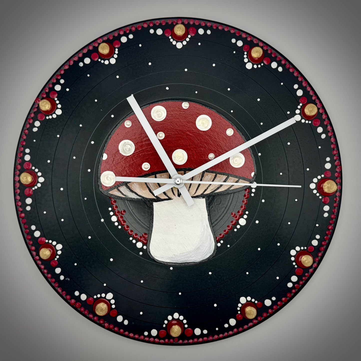 Album Record Vinyl Clocks; Magic Mushroom Red with Wood Inlay