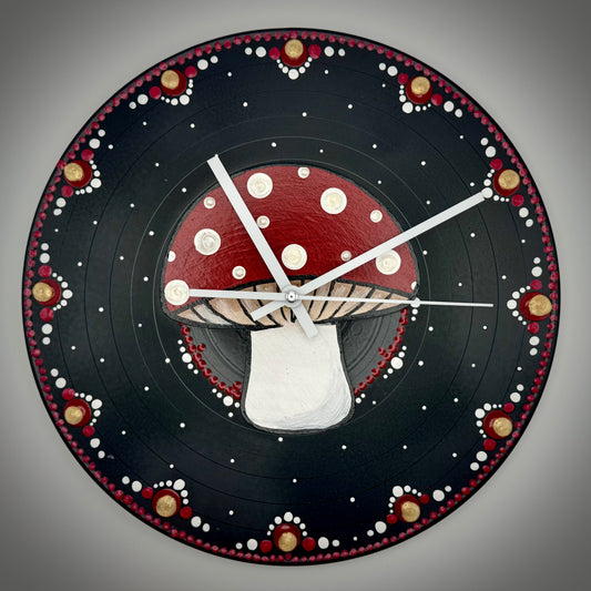 Album Record Vinyl Clocks; Magic Mushroom Red with Wood Inlay