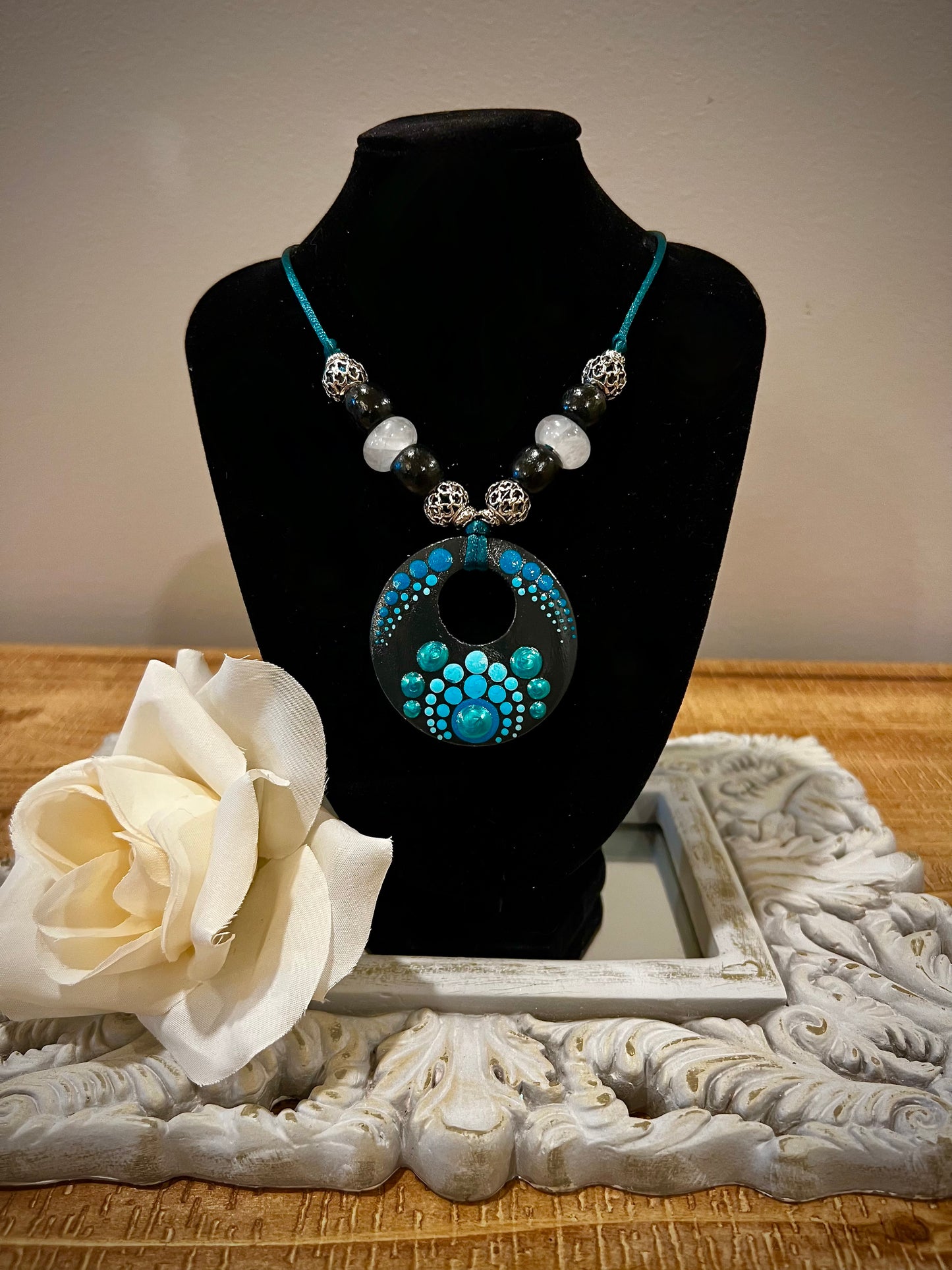 Custom Mandala Necklace: Iridescent Teal with Glass and Silver Filigree Beads