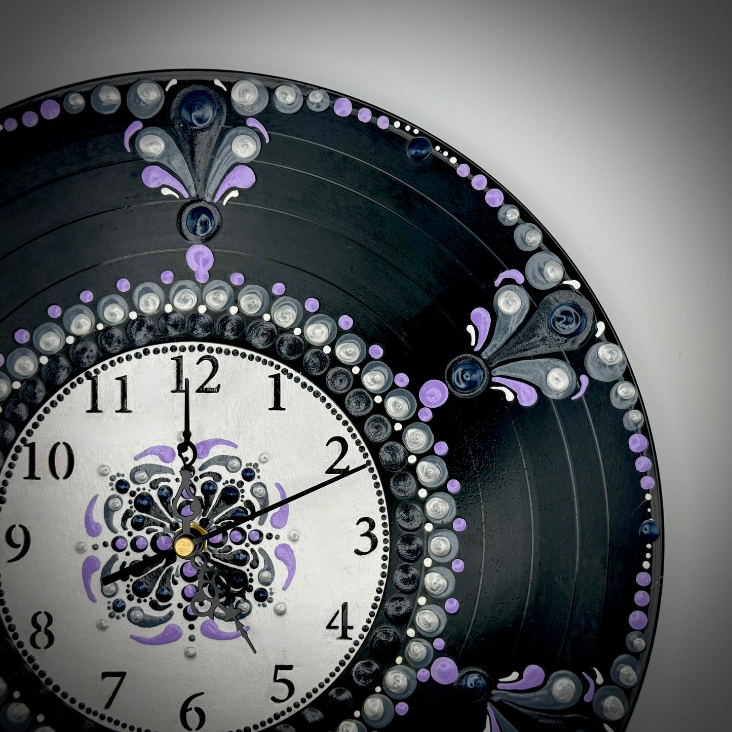 Album Record Vinyl Clocks; Purple Mandala with Wood Number Inlay