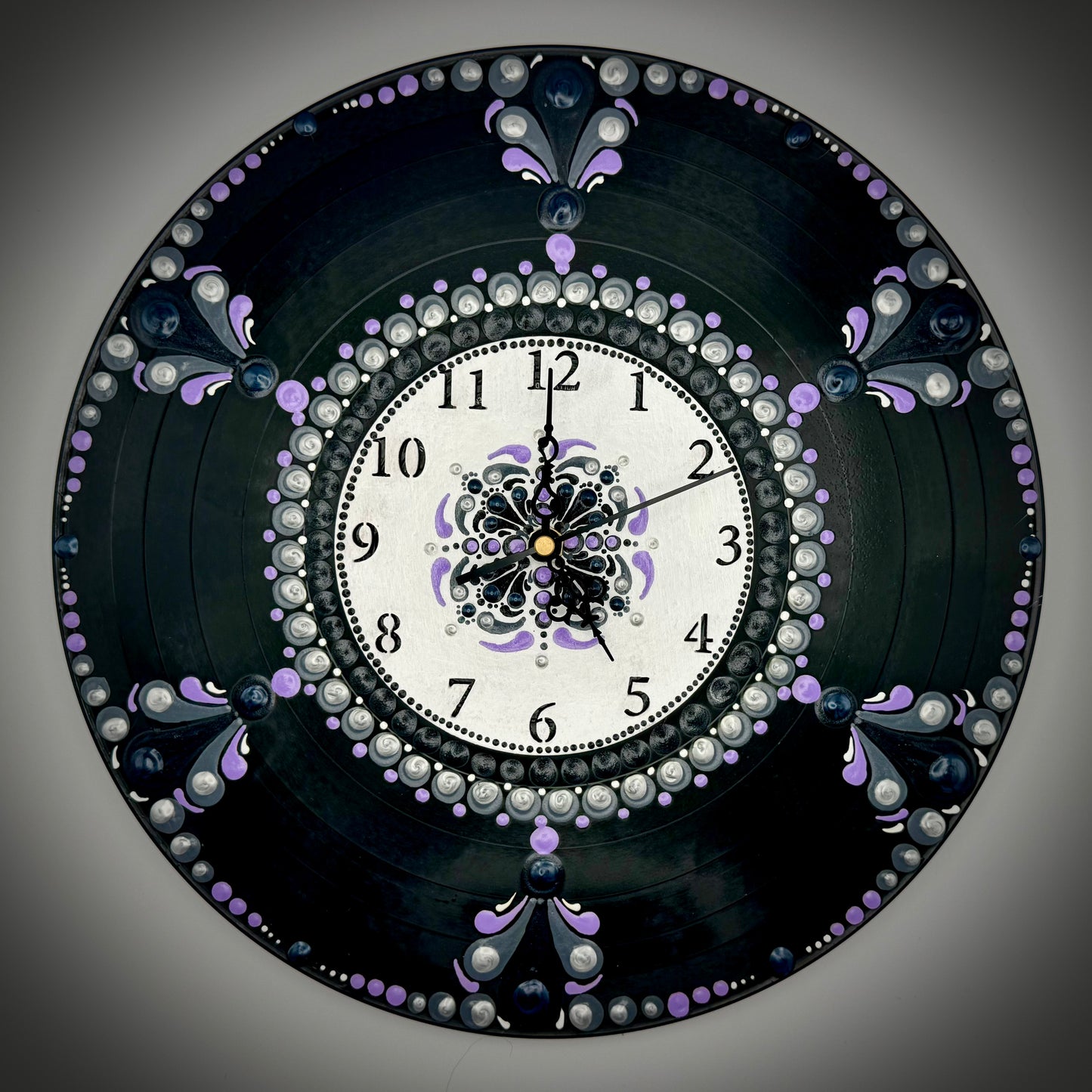 Album Record Vinyl Clocks; Purple Mandala with Wood Number Inlay