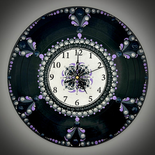 Album Record Vinyl Clocks; Purple Mandala with Wood Number Inlay