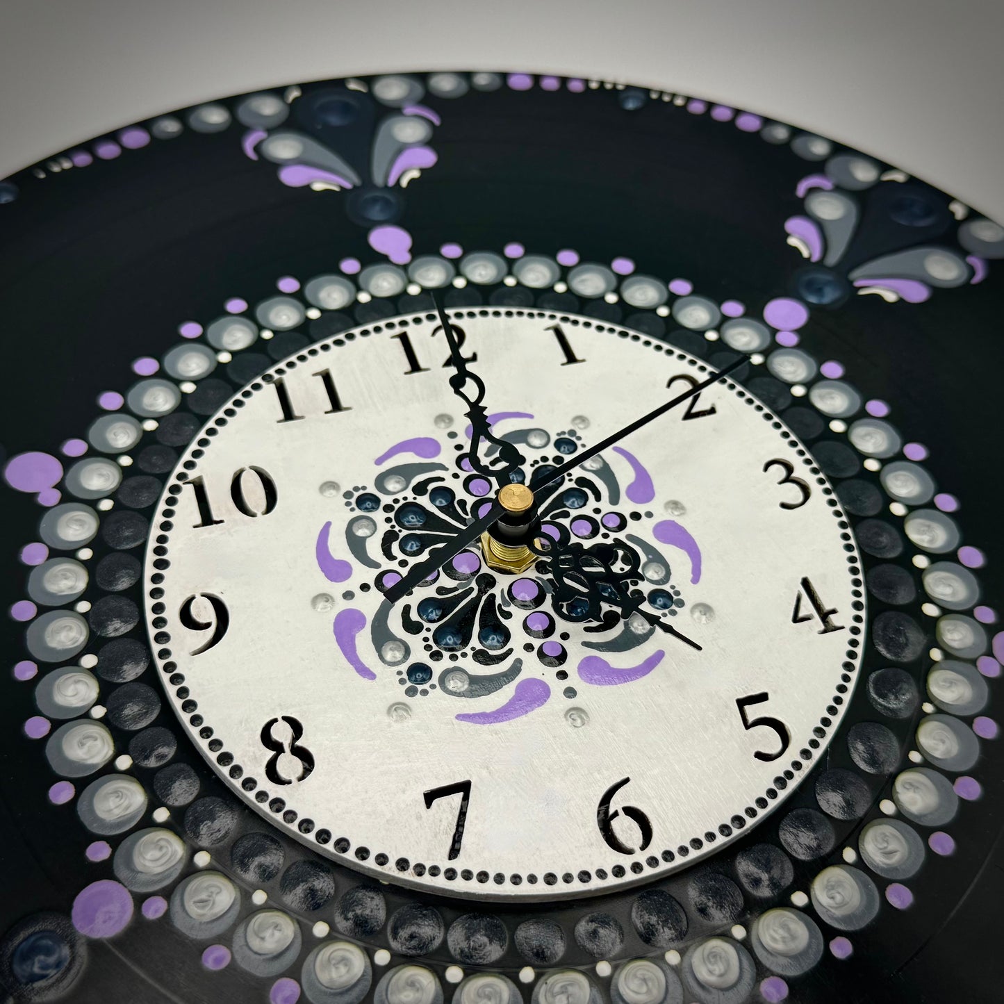 Album Record Vinyl Clocks; Purple Mandala with Wood Number Inlay