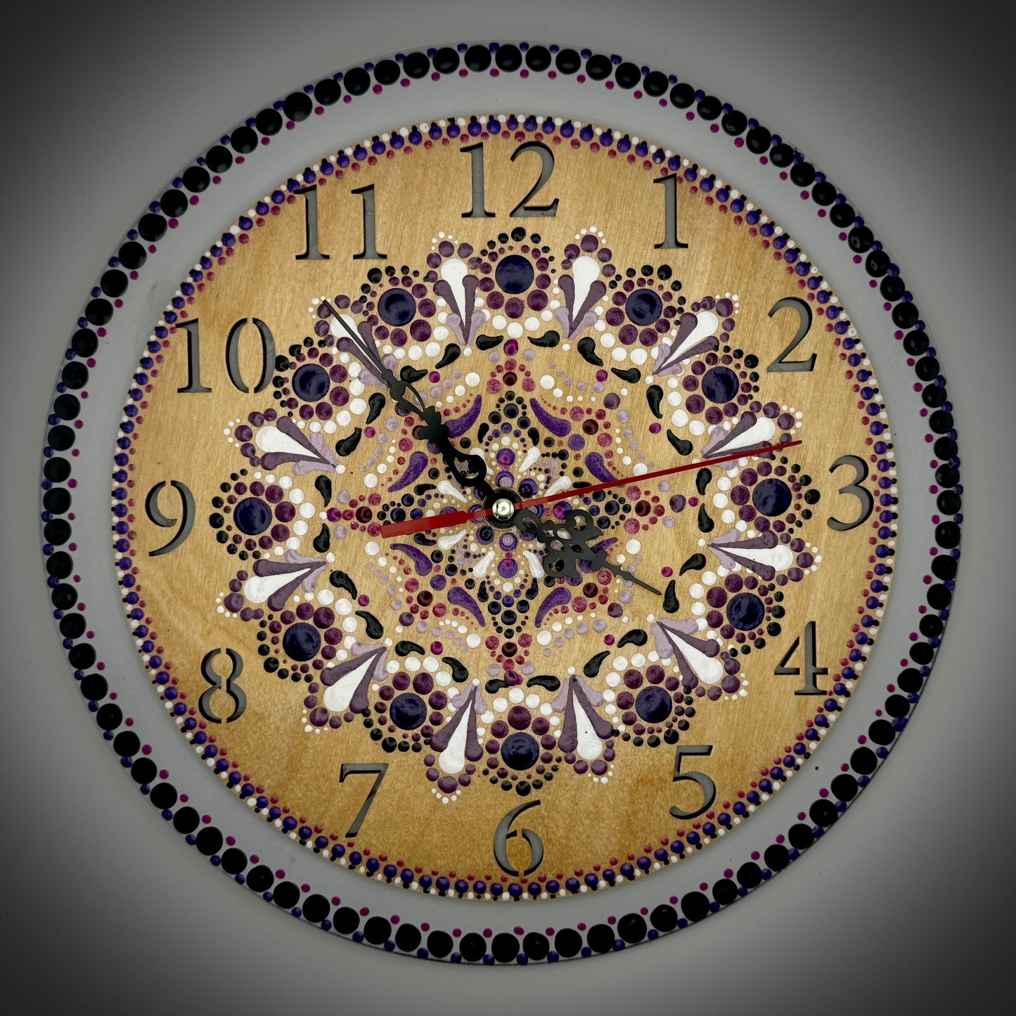 Album Record Vinyl Clocks; Purple and White Mandala with Wooden Inlay Numbers