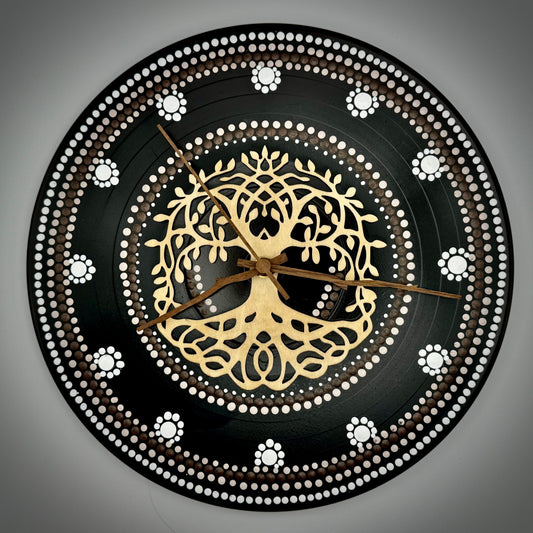 Album Record Vinyl Clocks; Tree of Life, Brown with Wood Inlay