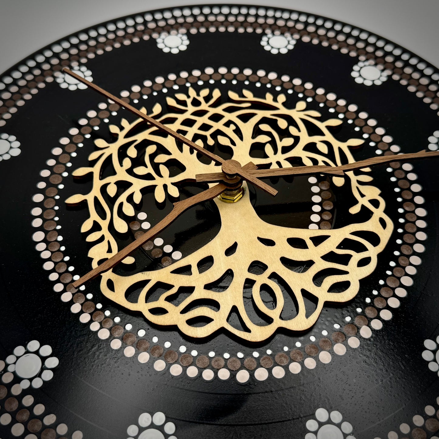 Album Record Vinyl Clocks; Tree of Life, Brown with Wood Inlay